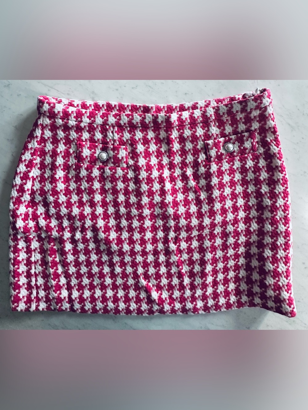 NWT WAYF Fuchsia Pink Houndstooth Tweed Pearl Mini Skirt Size XL